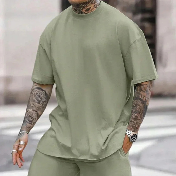 Army Green Casual Mens Solid Tee & Drawstring Waist Shorts - Picture 1 of 5